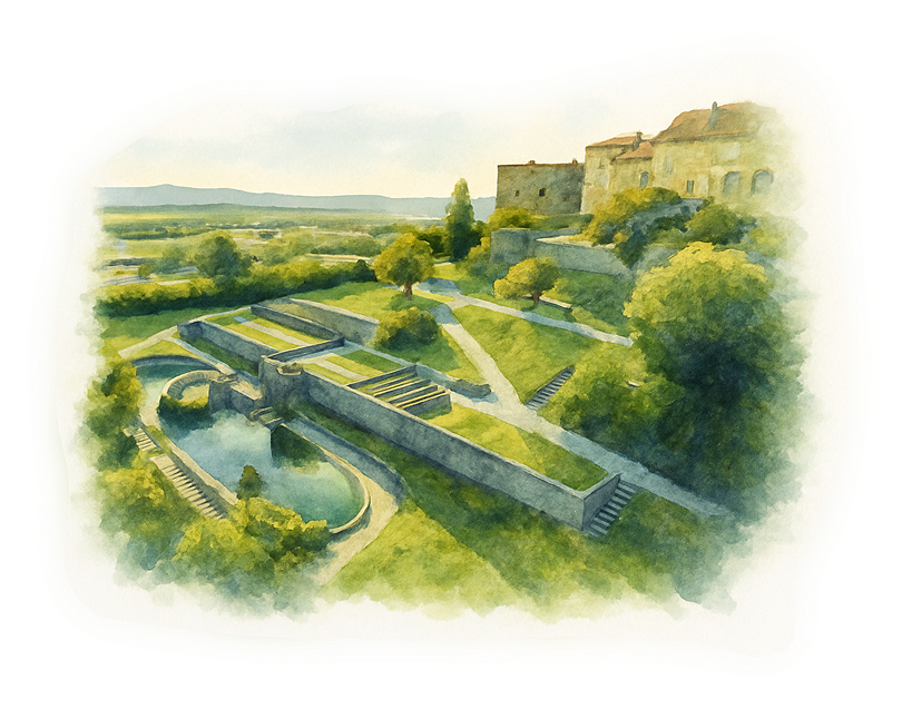 Watercolor illustration of Castle Štanjel with its stone walls and terraced gardens in Slovenia